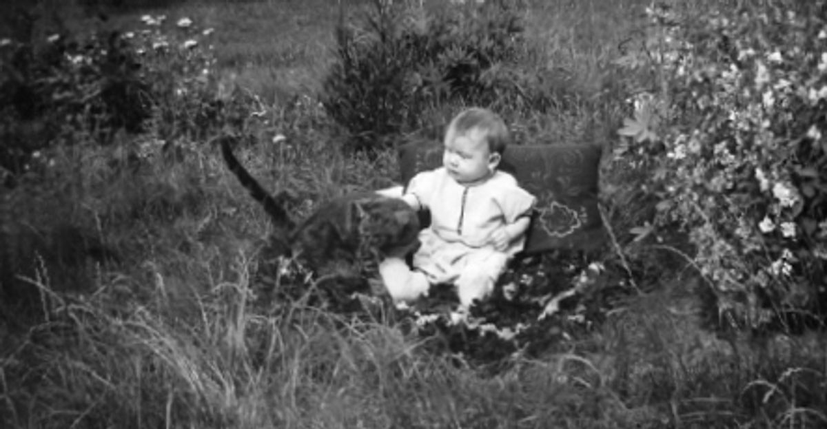 Svartvit foto visandes en flicka med en katt