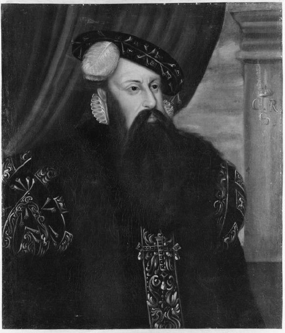 Kung Gustav Vasa. Oljemålning som föreställer en skäggprydd kung Gustav Vasa.