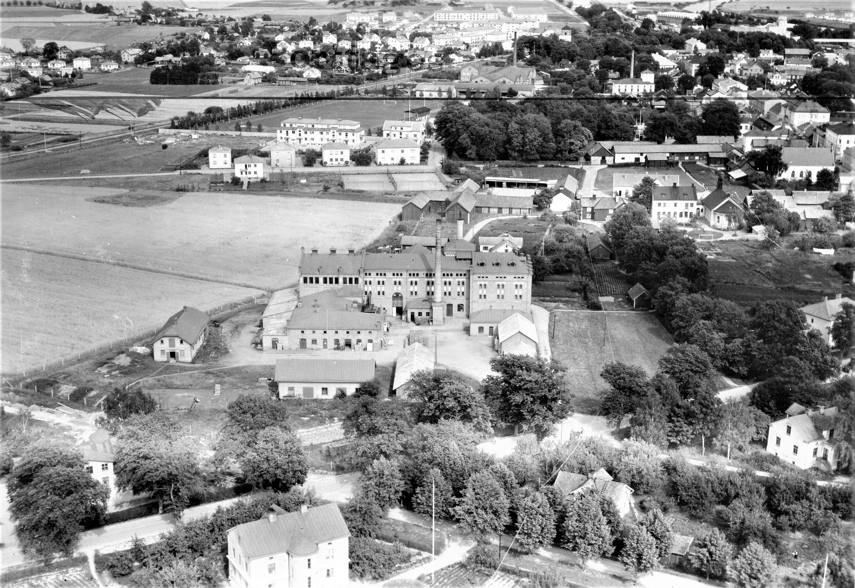 Flygfoto över Arboga, med bryggeriet.
