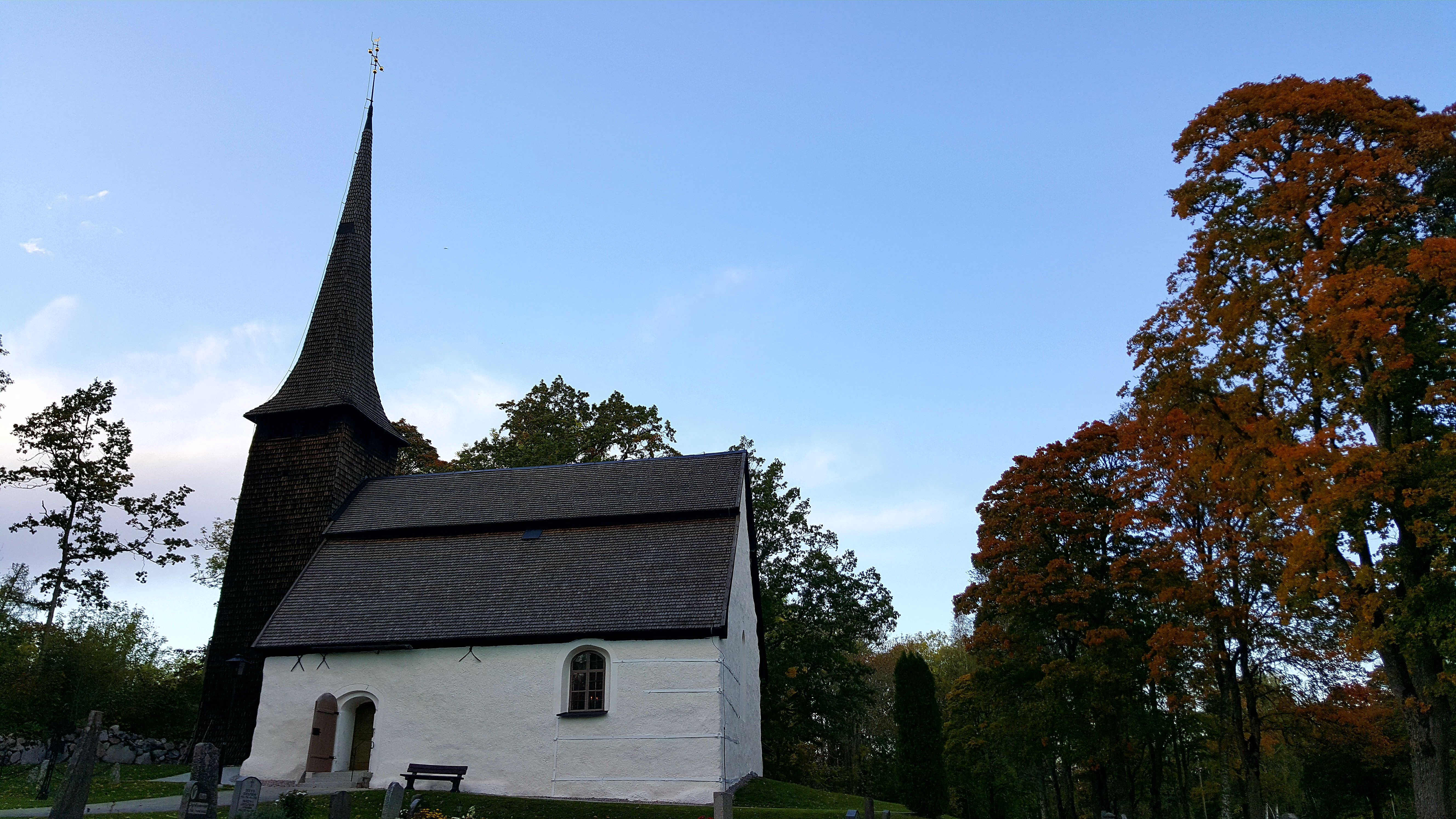 En vit kyrka med mörkt torn i höstlandskap.