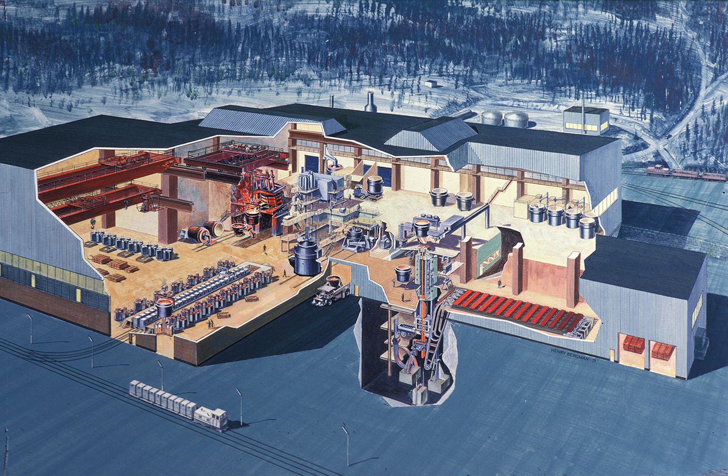 Bilden är en teckning där man ser interiören i stålverk 2.