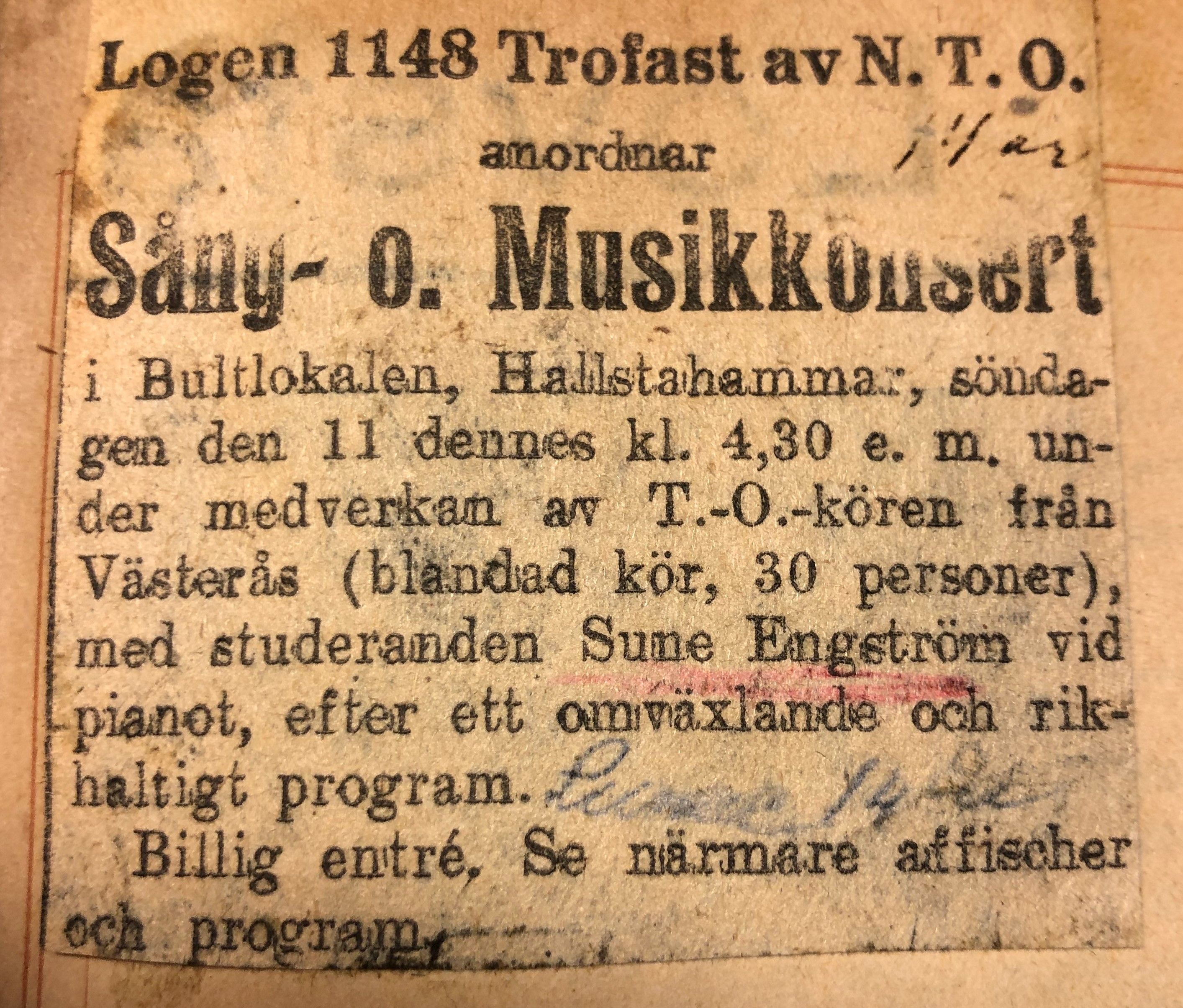 Ett tidningsurklipp med annons för konsert.