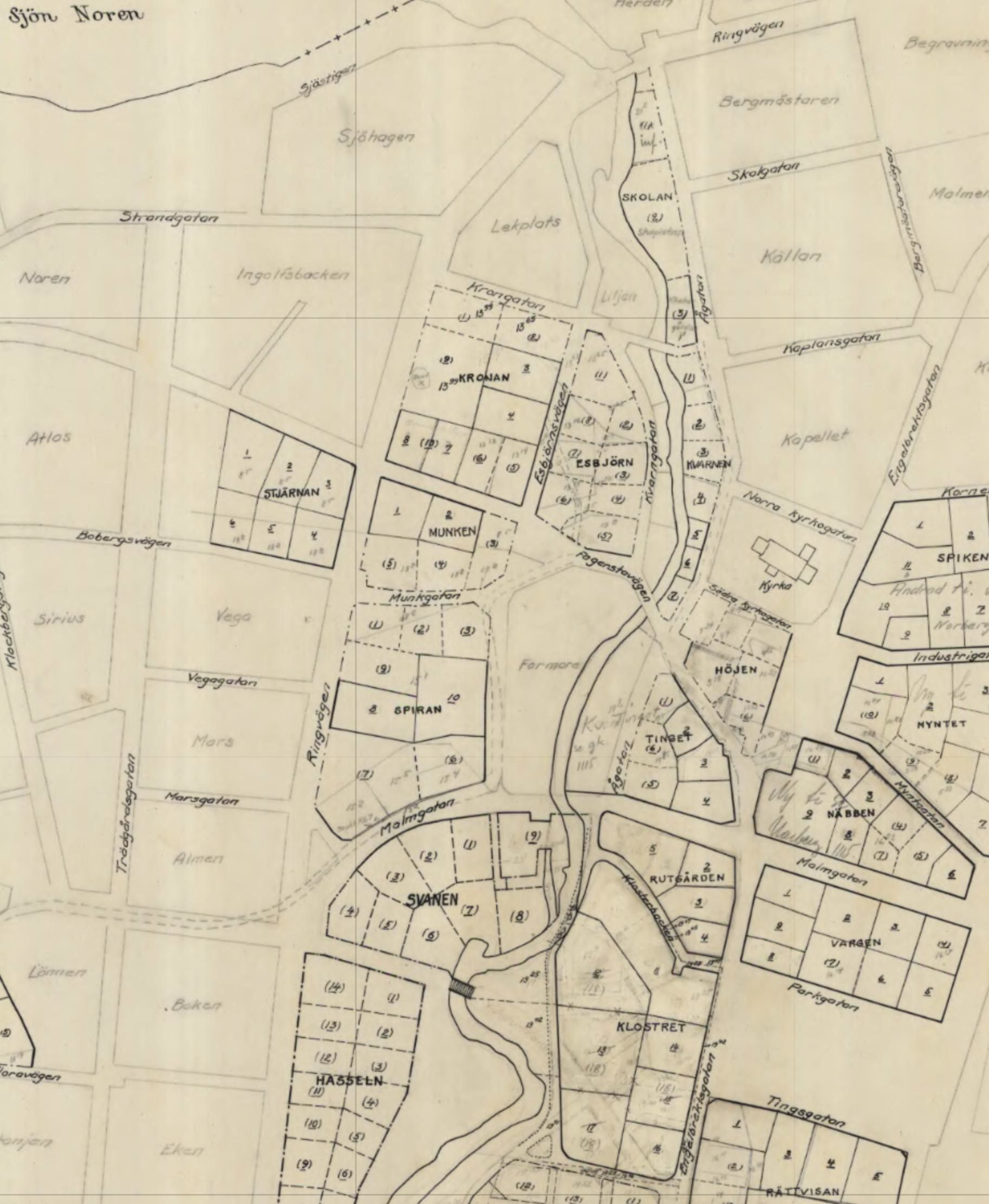 Urklipp från en karta över Norbergs by år 1923.