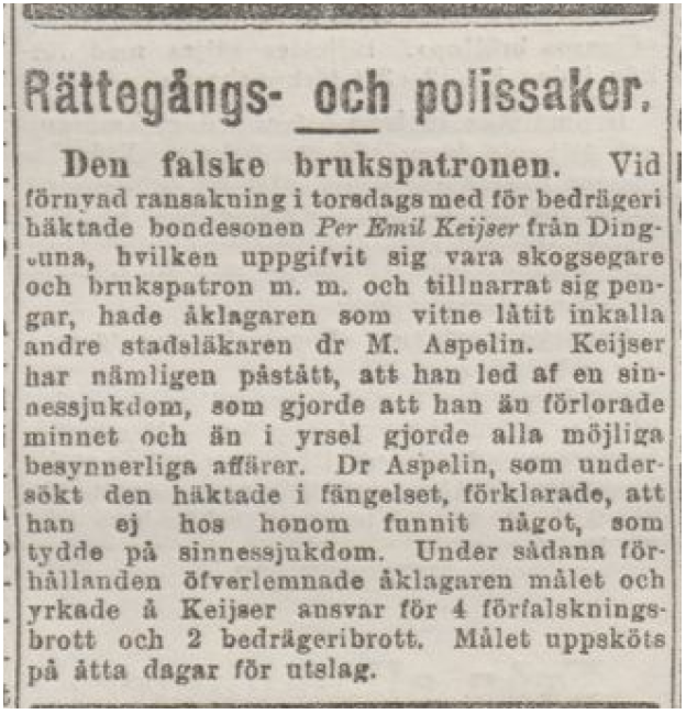 Tidningsurklipp från Aftonbladet med rubriken Rättegångs- och polissaker